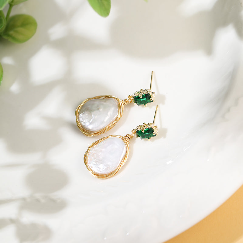 Baroque Pearl Green Cube Earrings