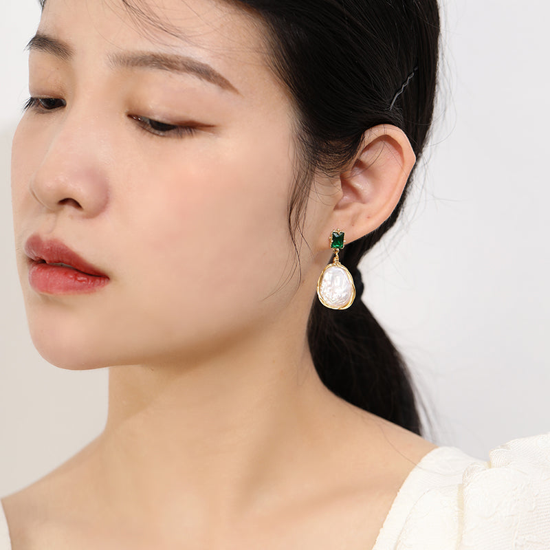 Baroque Pearl Green Cube Earrings
