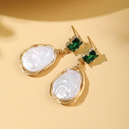 Baroque Pearl Green Cube Earrings
