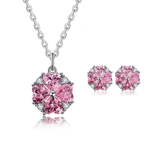 Pink Four Leaf Clover Zirconia Jewelry Set