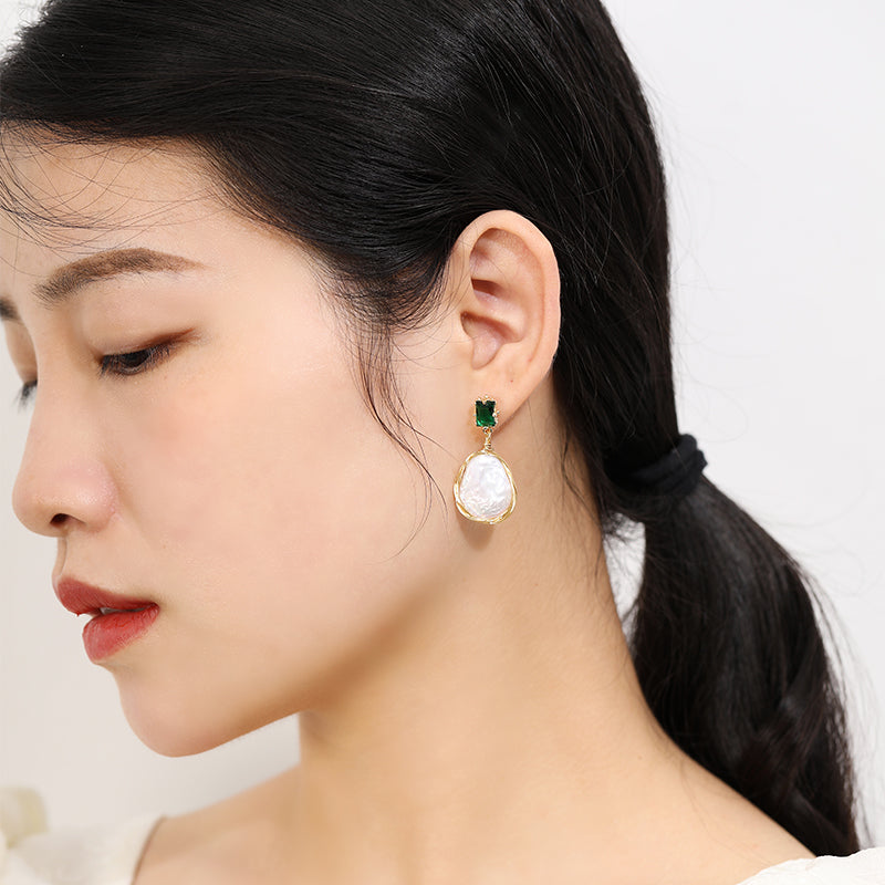 Baroque Pearl Green Cube Earrings